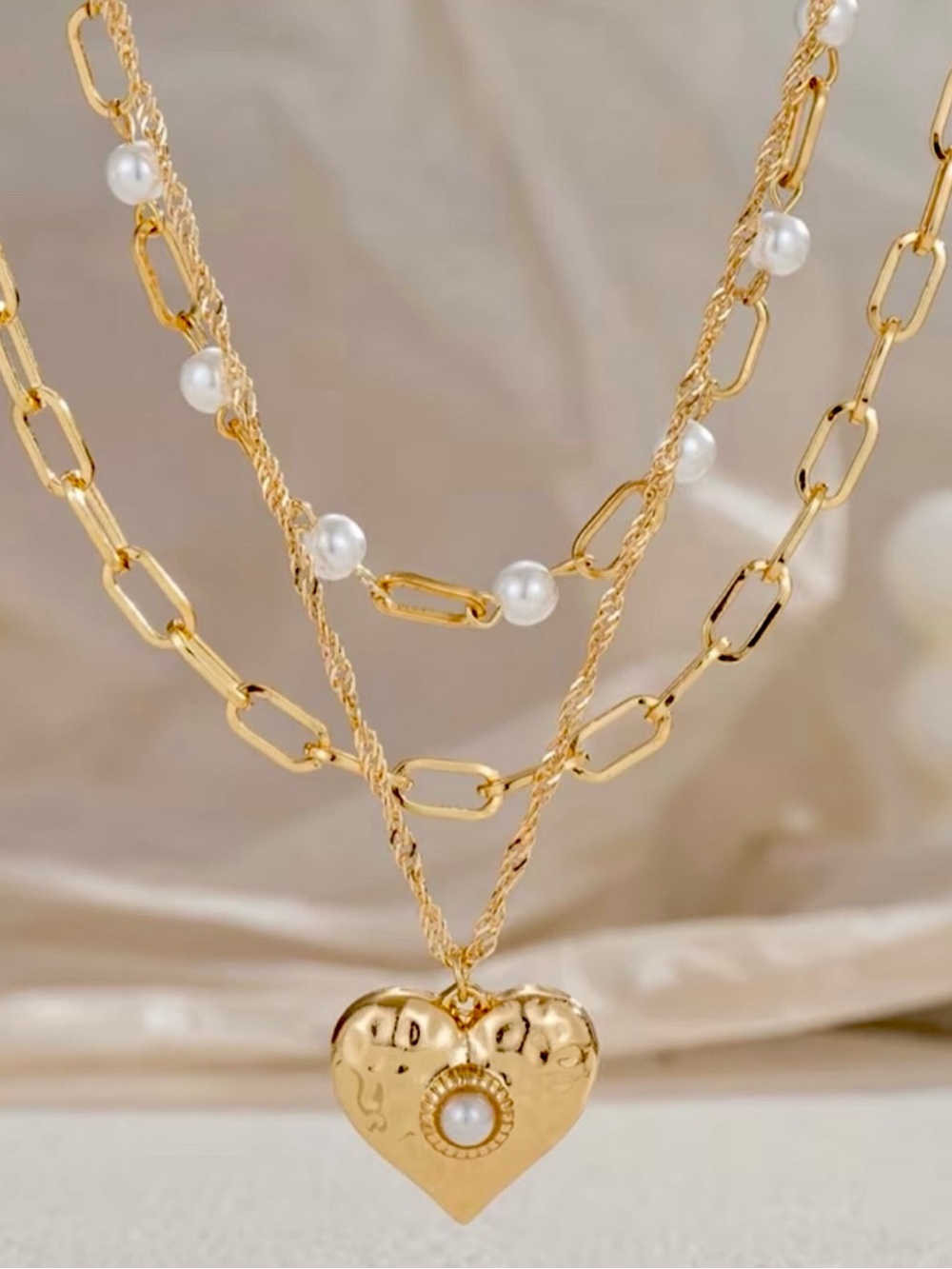Set Large Heart Statement Gold Layered Heart Pendant Pearl Chain Necklaces - Picture 2 of 2